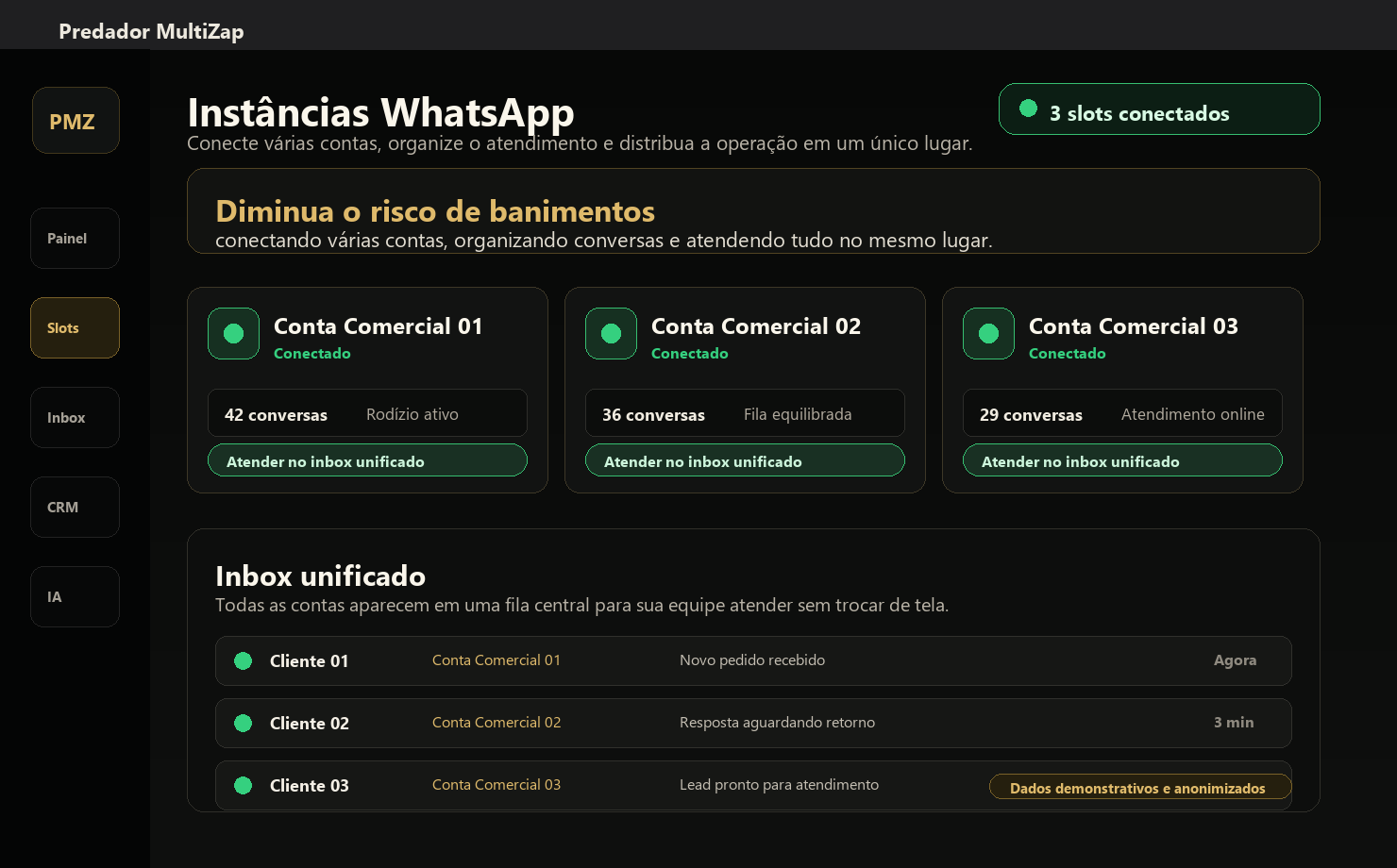 Tela das instâncias com três slots conectados no Predador Prospect