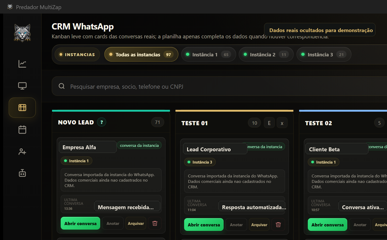 Print anonimizado do CRM Kanban do Predador Prospect