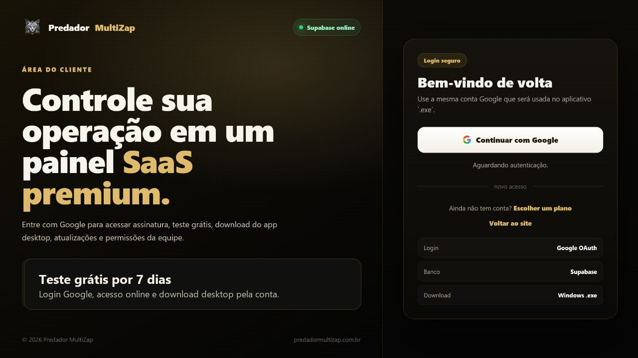 Print da tela de login e área da conta do Predador Prospect
